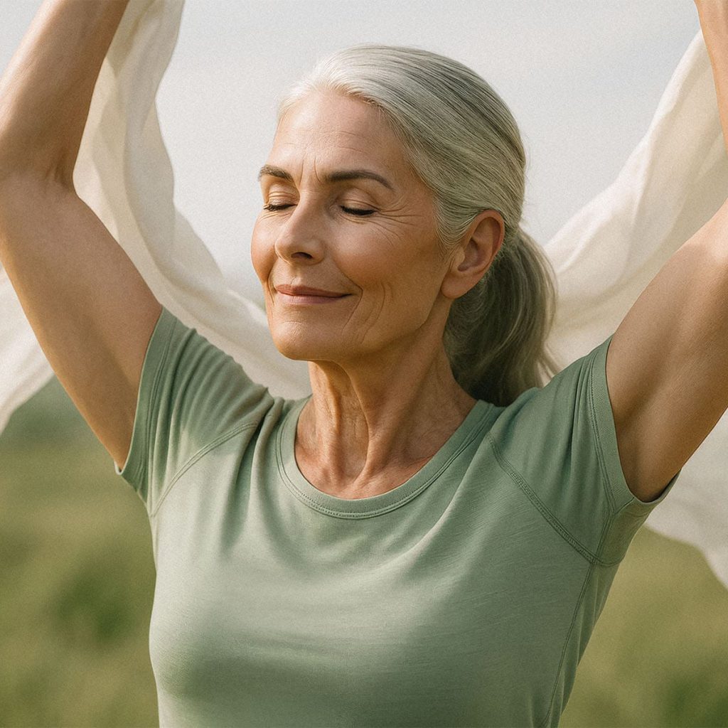 biohealthcenter Gesunde und sportliche ältere Frau mit grauen Haaren, die entspannt auf einer Wiese steht, die Augen geschlossen hält und ein weißes Tuch über ihrem Kopf schwingt, Symbol für Gelassenheit, Gesundheit und Lebensfreude